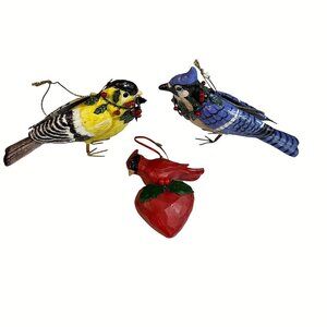 Lot of 3 Christmas ornaments birds Gold finch Blue Jay Cardinal